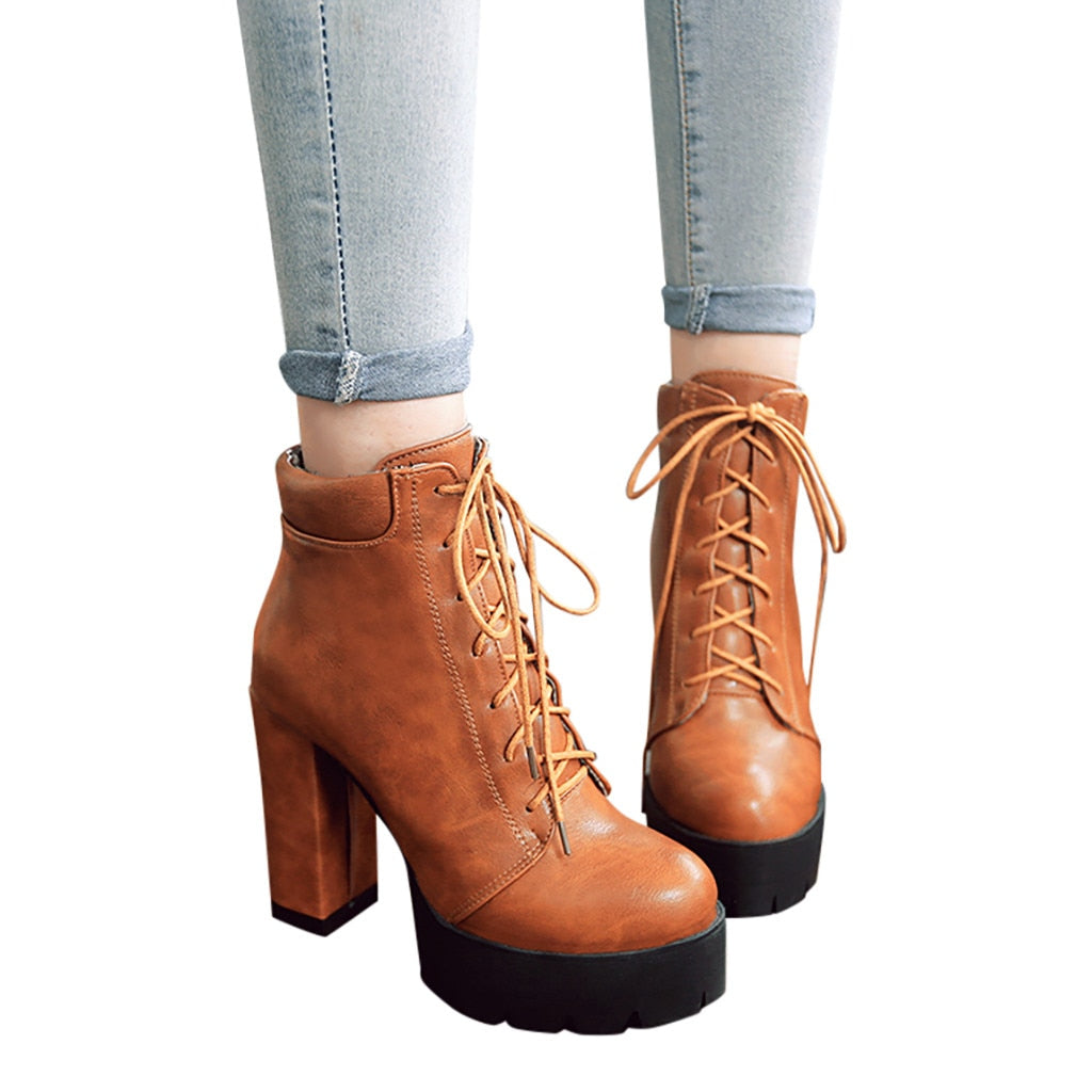 Round Toe Ankle Boots. Women's Lace-Up Winter Shoes. WickedYo